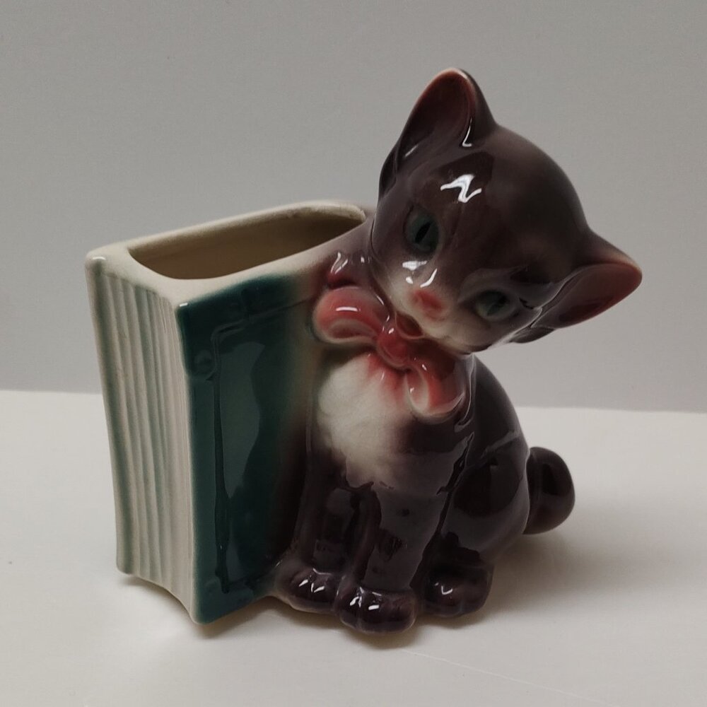 Vintage Royal Copley Ceramic Cat Book Planter Vase